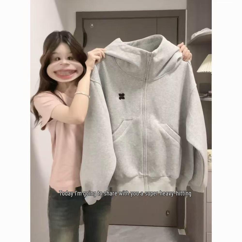 Women s Gray Hooded Slim-Fit Retro Sweatshirt Jacket for Spring & Autumn 2XL [58-63kg]