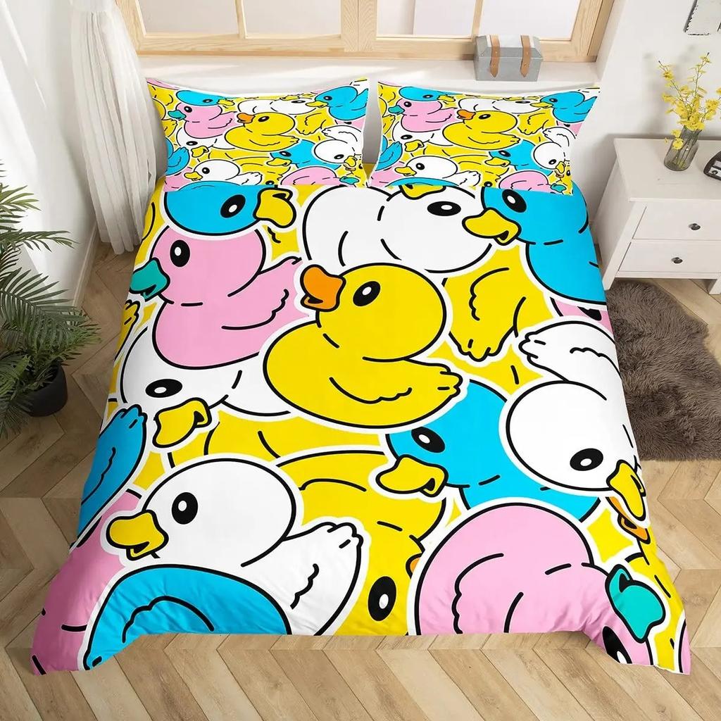 Colorful Duck Bedding Set Kids Cartoon Ducks Duvet Cover Graffiti Rustic Animal Comforter Cover Farmhouse Animal Quilt Cover