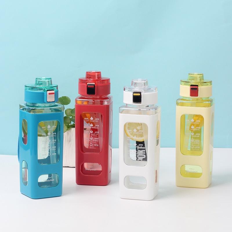 Square Plastic Water Bottle With Handle, Modern Simple Style, Portable Sports Bottle With Straw, 700ml