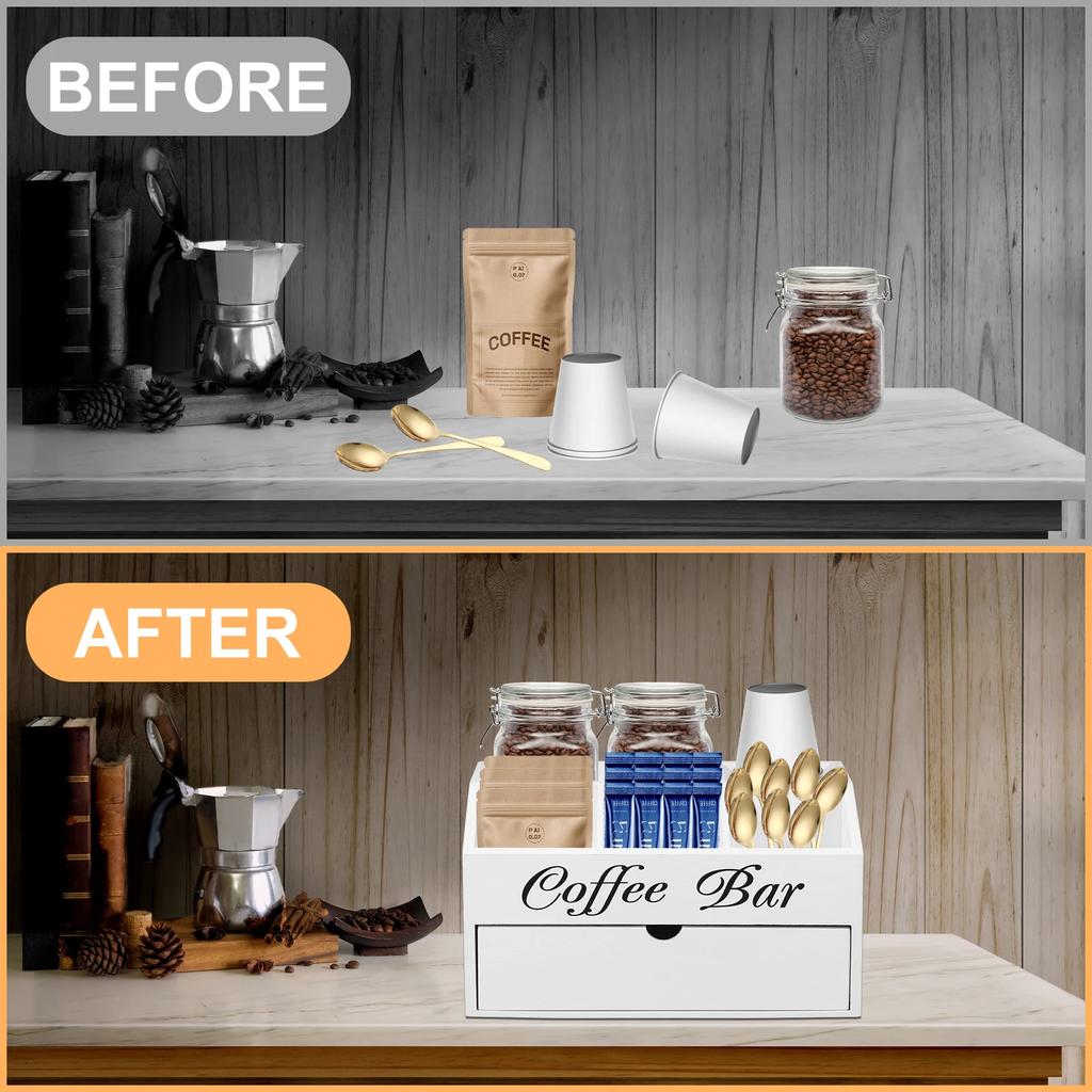 Coffee Bar Organizer with Drawer Wood Coffee Bar Accessories Organizer Coffee Station Organizer Versatile Coffee Pods Holder New