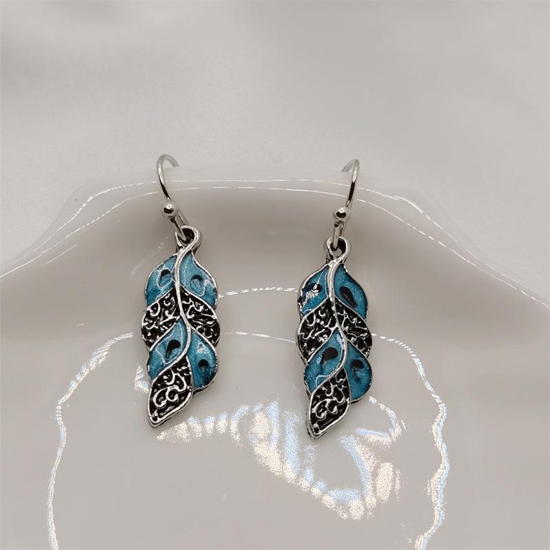 Bohemian Peacock Feather Pendant Earrings - Retro Light Blue Ancient Silver Jewelry