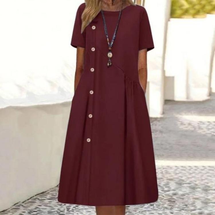 Casual Midi Dress for Women Beautiful Beach Dress Pleated O Neck Lady Clothes