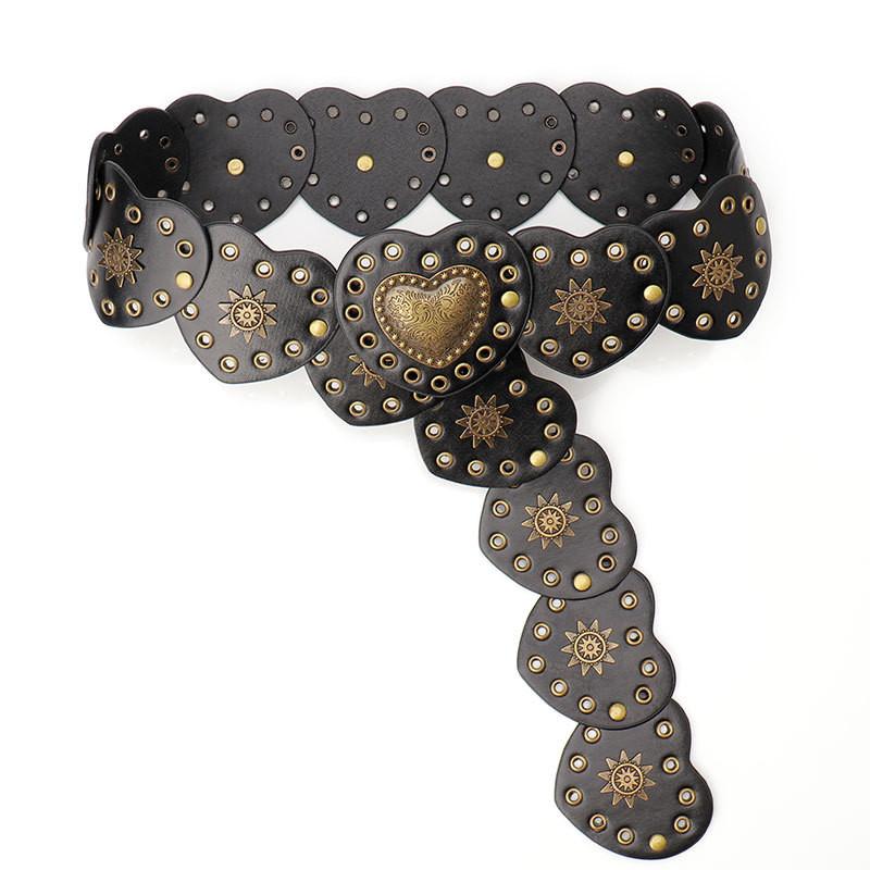 2024 Summer Boho Chic Leather Waist Belt With Spliced Heart Pattern And Antique Finish чёрный