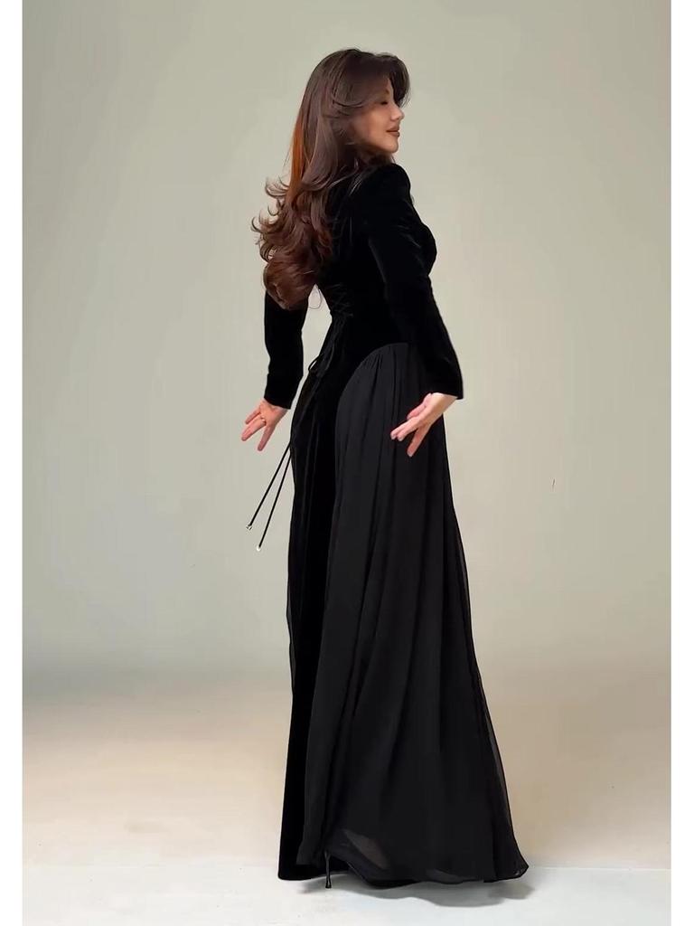 Spring 2026 Women's Gold Velvet Chiffon Slim-Fit Dress