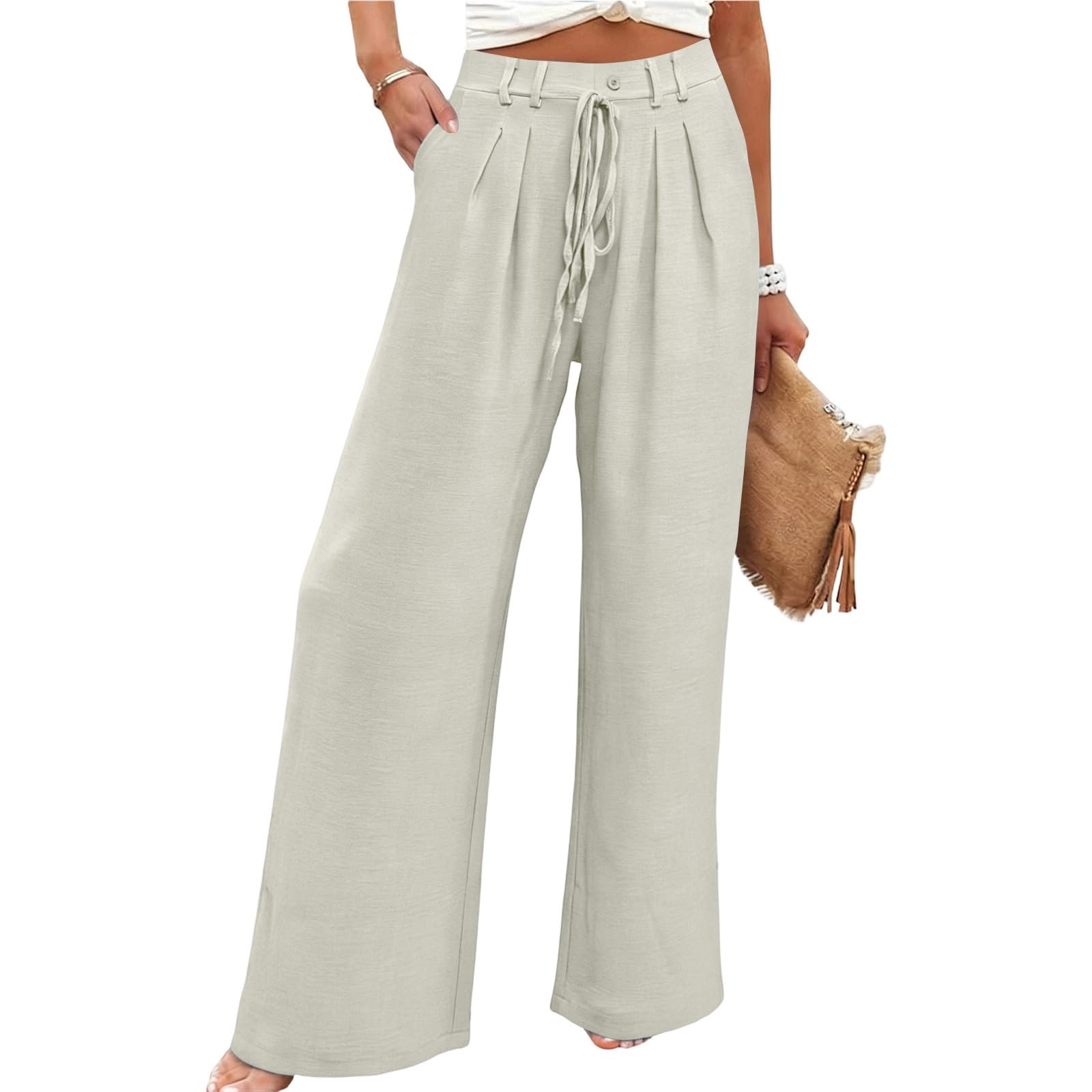 

Women Elastic High Waist Pant Casual Fit Wide Leg Long Pants Trousers With Pockets XL білий