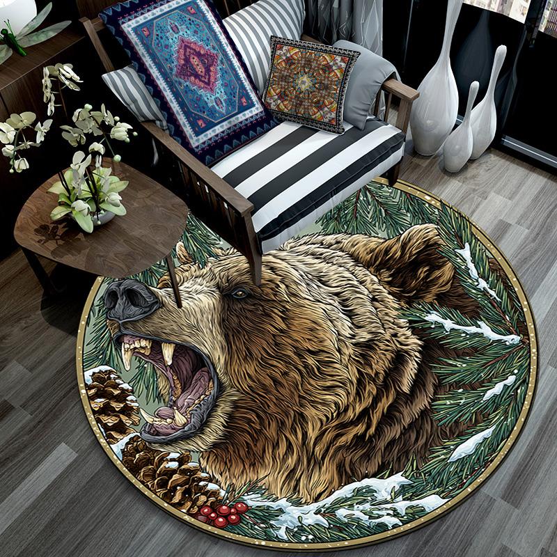 Grizzly Bear Round Area Rug,Carpet Rug for Living Room Bedroom Sofa Playroom Decor,Non-slip Floor Mat