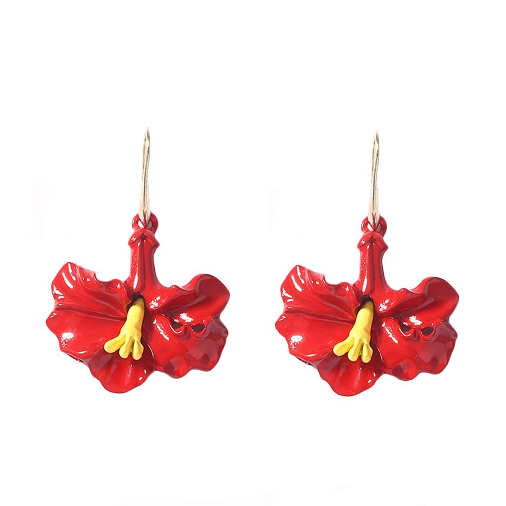 Personalized Creative Design Sense Bohemian Red Alloy Dripping Oil Morning Glory Flower Ear Hook Simple and Versatile