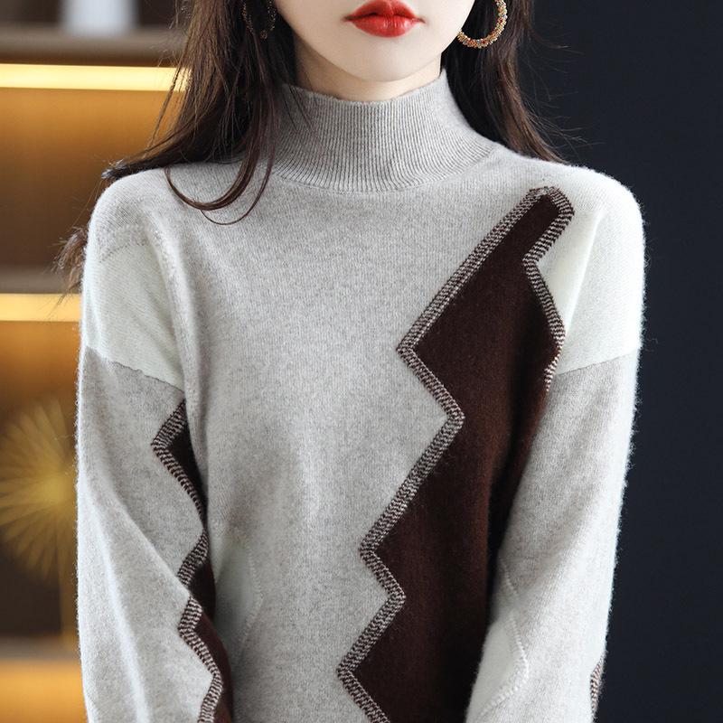 Women's Intarsia Color Block 100% Pure Wool Sweater, Long Sleeve Half-High Neck Loose Fit Pullover with Cashmere Knit, Perfect for Autumn/Winter.