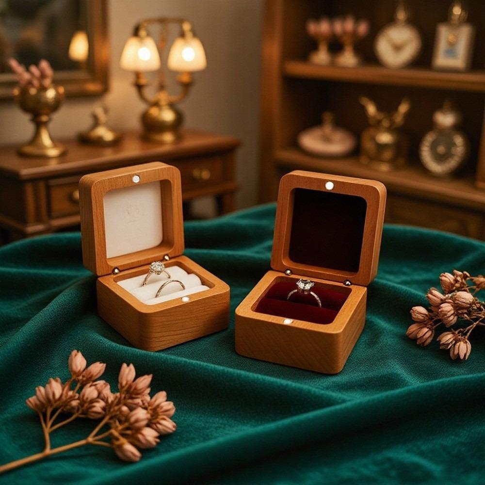 Simple Velvet Ear Studs Case Wooden Ring Earring Holder Retro Wood Rings Box Ring