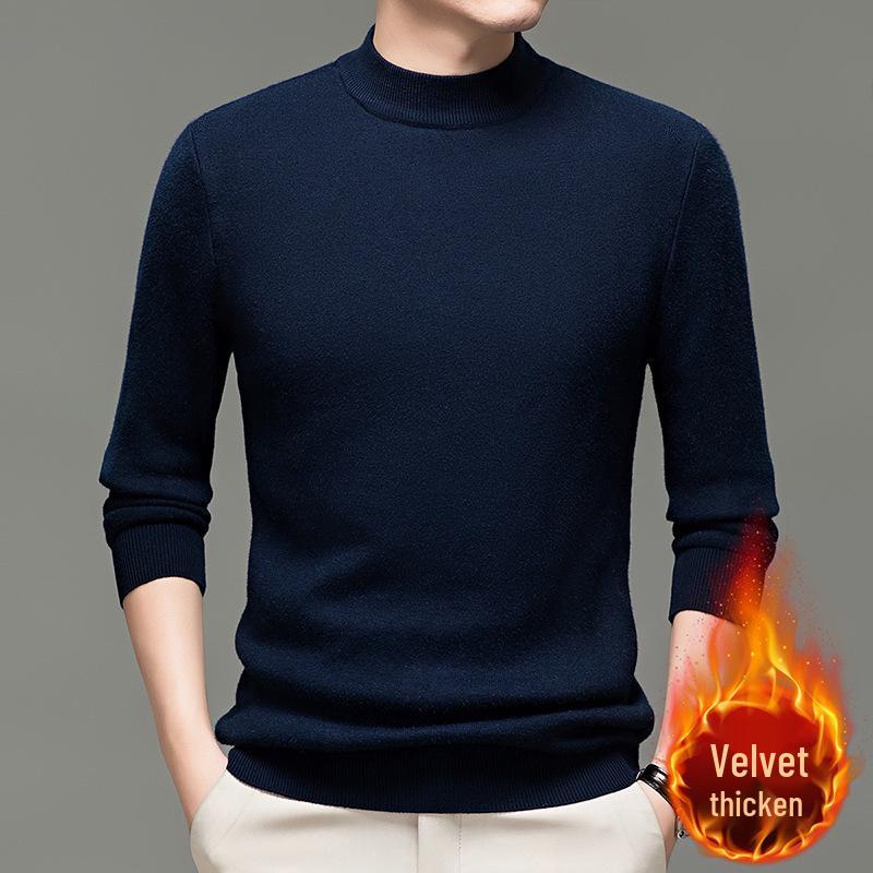 Men's Winter Velvet Fleece Knitwear: Half-High Collar Solid Base Layer Sweater