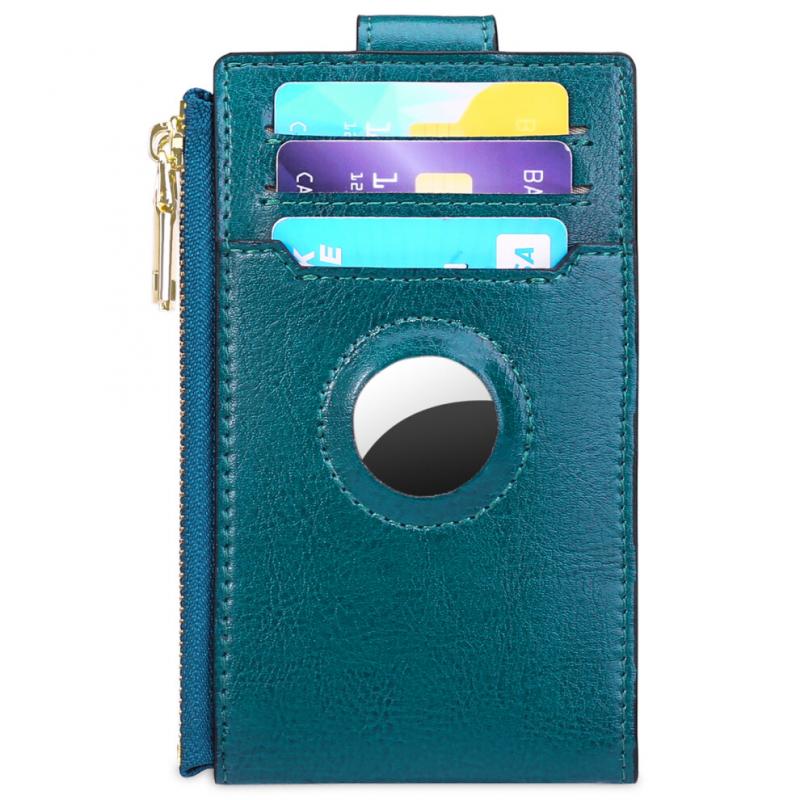 Womens AirTag Wallet Genuine Leahter Bifold Credit Card Holder with Built-in Integrated Case for AirTag Blue