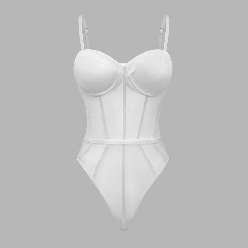 

White Mesh Corset Bodysuit With Adjustable Straps S білий