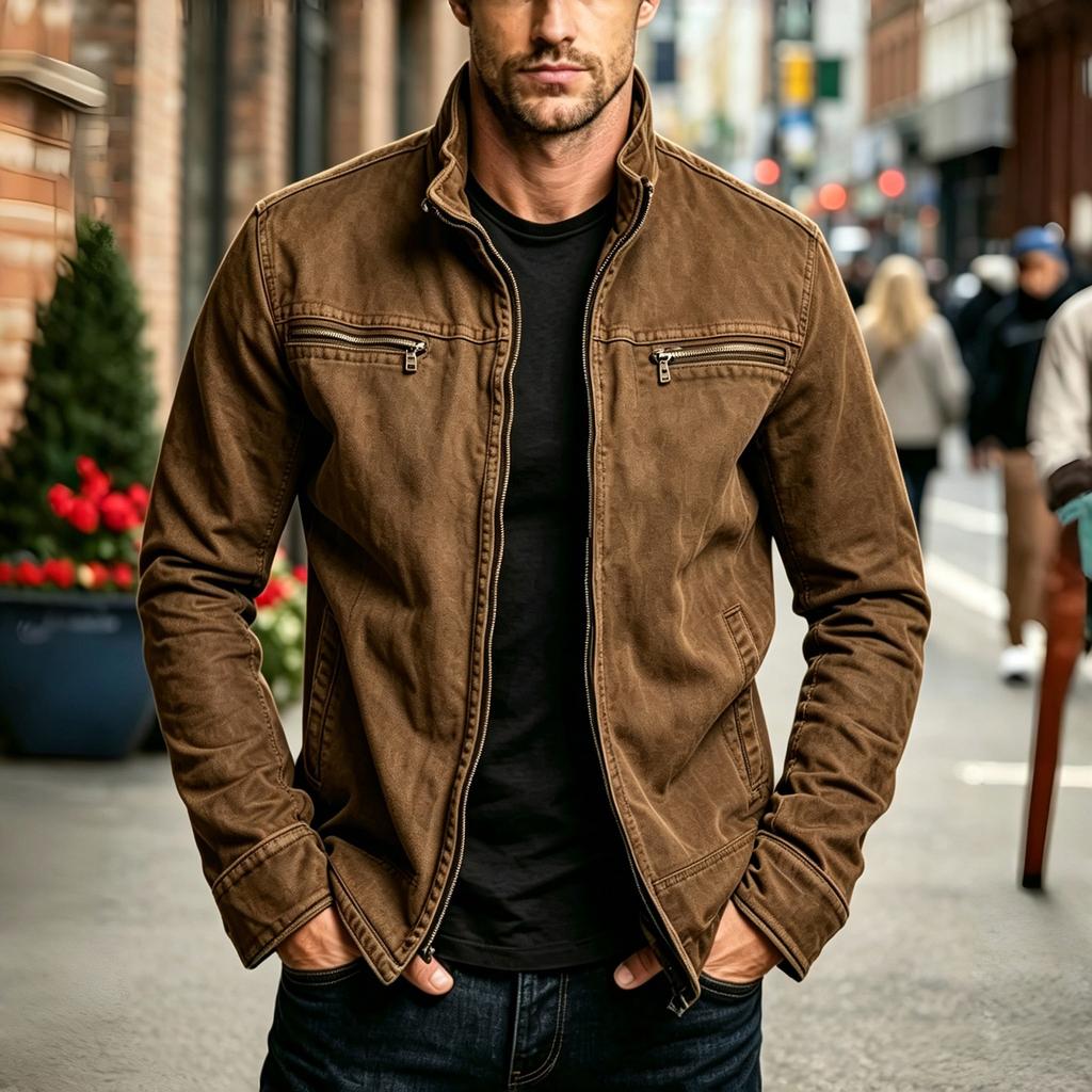 Men's Vintage Zip-Up Jacket Winter Color Casual Outerwear