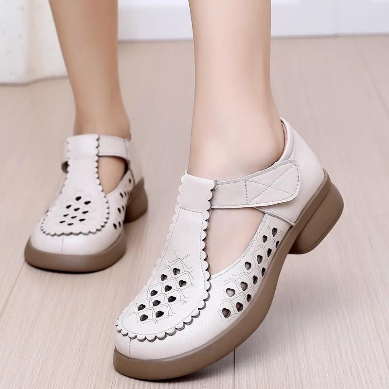 Fashion GKTINOO Genuine Leather Closed Toe Sandals 2025 Summer Hollow Thick Heels Mary Janes Hook &Loop Women's Shoes Large Size