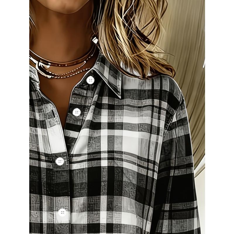 Casual Fashion Black And White Checkered Printed Women'S Long Sleeve Shirt Button-Up Top