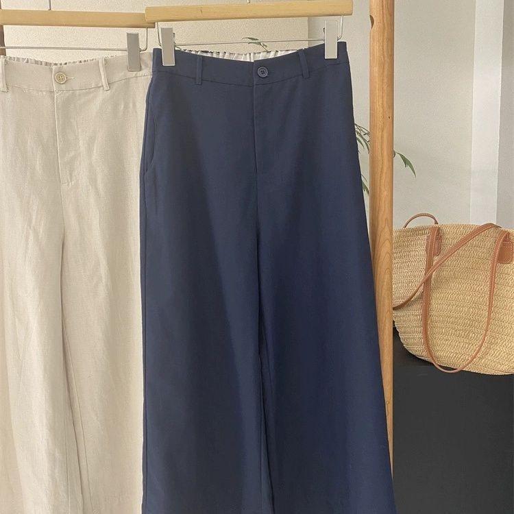 

Women s Cotton-Linen Wide-Leg Cropped Pants - Elastic High Waist, Slimming, Loose, Straight, Casual Style for Spring & Autumn. XXL темно-синього кольору