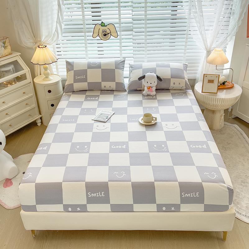 3pcs Grey Striped Cotton Fitted Sheet, Set Adult Kid Teen Bedroom Thickened Bedding with 2 Pillowcases, Geometric Line Bed Cover