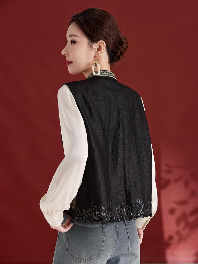 Verdant Shadows Tortoiseshell Sleeveless Vest: Heavyweight Mulberry Silk Xiangyun Yarn with Embroidery