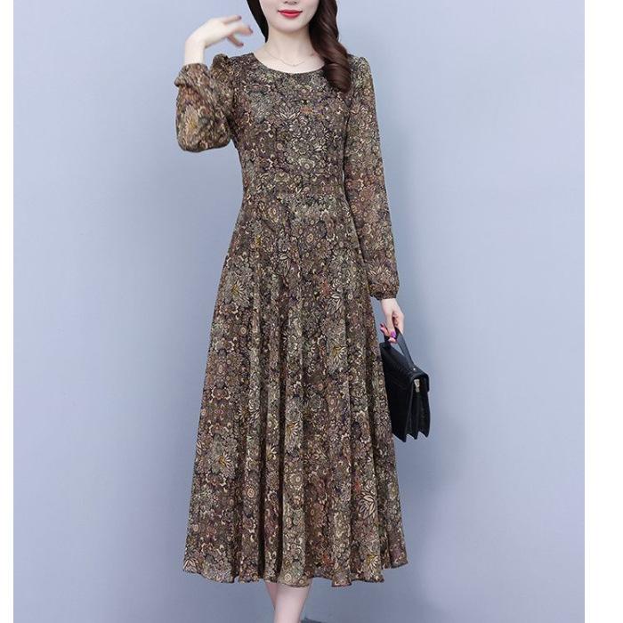 

Zhigong 111g Pocket Autumn and Winter Long Sleeve Floral Middle-aged and Elderly Women s Clothing Mom Temperament Fashion Long Dress M хаки