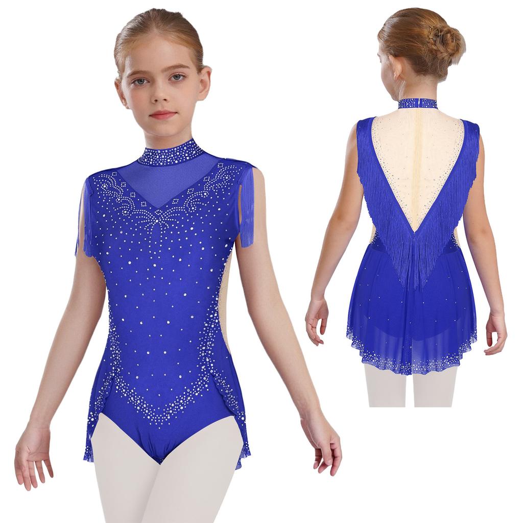 Girls Dance Costume - Shiny Rhinestone Leotard with Sheer Mesh, Invisible Back Zipper & Attached Tassel Skirt