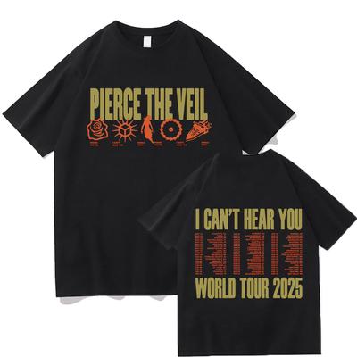 PIERCE THE VEIL 2025 סמלים 'סיבוב הופעות עולמי אני לא שומע אותך' חולצת טי תאריך ביגוד אוברסייז חולצת טי כותנה קיץ חולצות טי יוניסקס