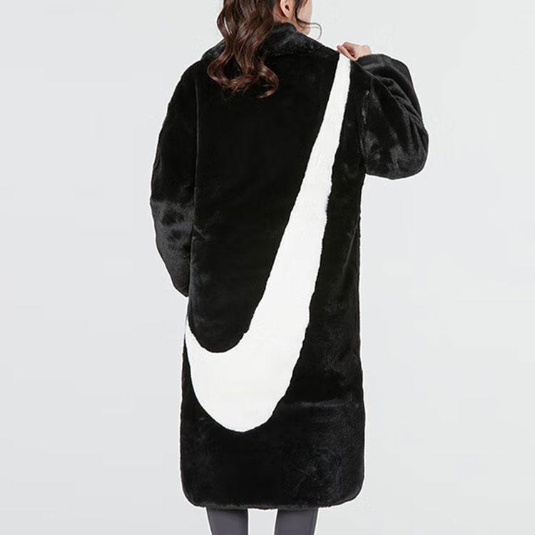 New Nike Women's Faux Fur Long Jacket Asia Sizing Black DQ6839-010