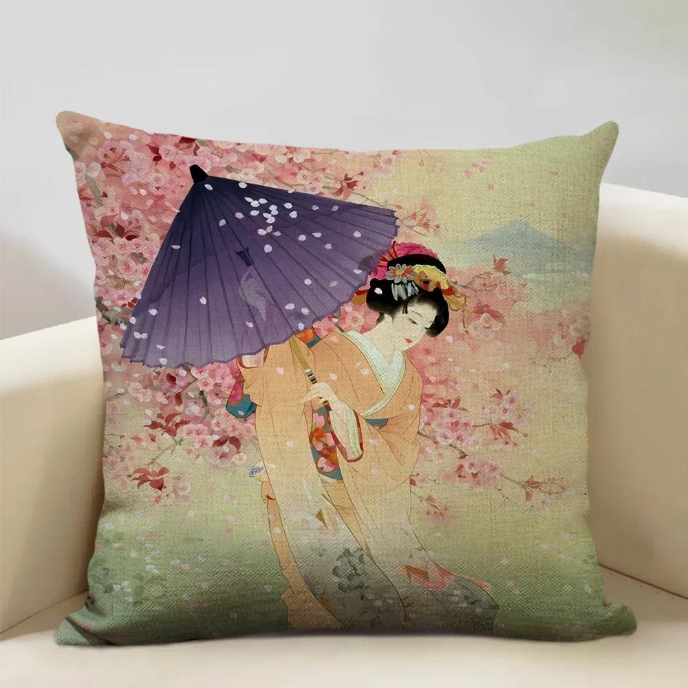 Classic Japanese Lady Decorative Cushion Cover Living Room Sofa Pillow Case 45x45cm Linen Pillowcase Home Art Decor