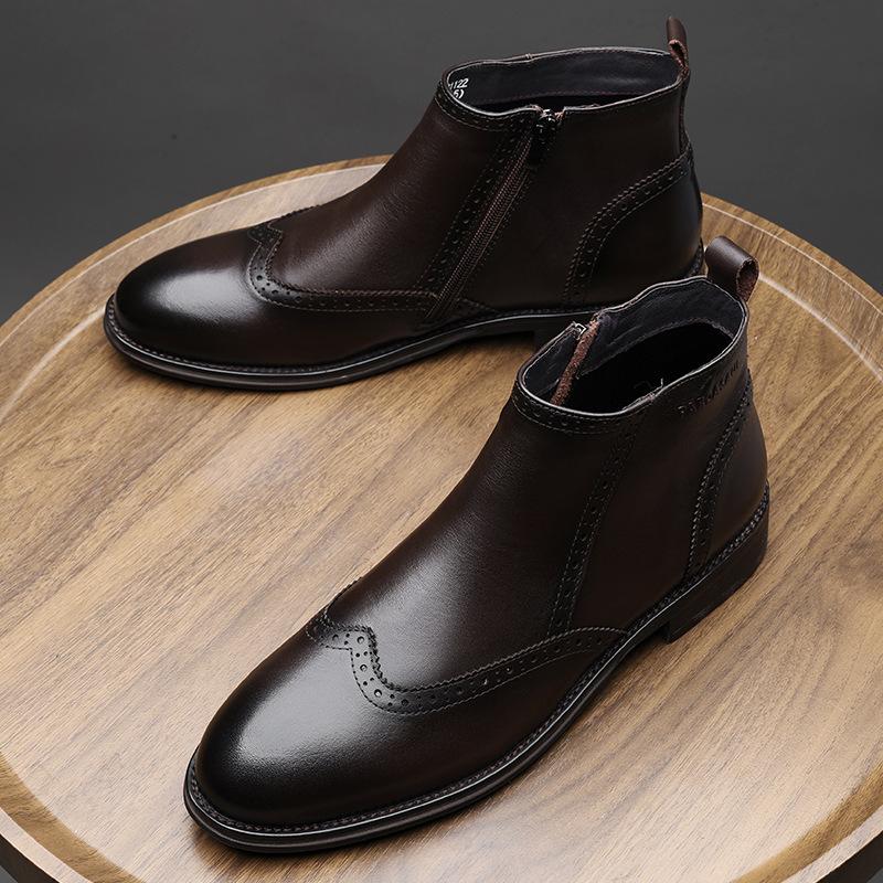 Winter Chelsea Boots Men's Leather Short Boots British Vintage Medium Top Martin Boots Brock Men's High Top Leather Boots Tide