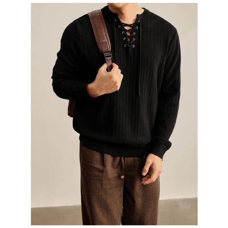 Men V Neck Drawstring Solid Long Sleeve Casual Knit Sweater