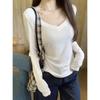 Autumn Korean Grey V-Neck Slim-Fit Cotton Long-Sleeve Women's T-Shirt