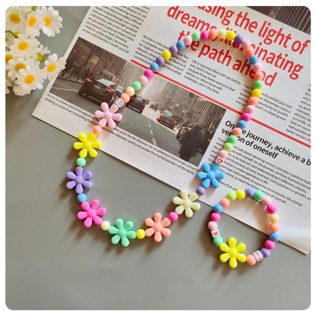 Korean Cartoon Kids' Candy Color Beaded Necklace & Bracelet Set with Flower Bowknot & Hanger