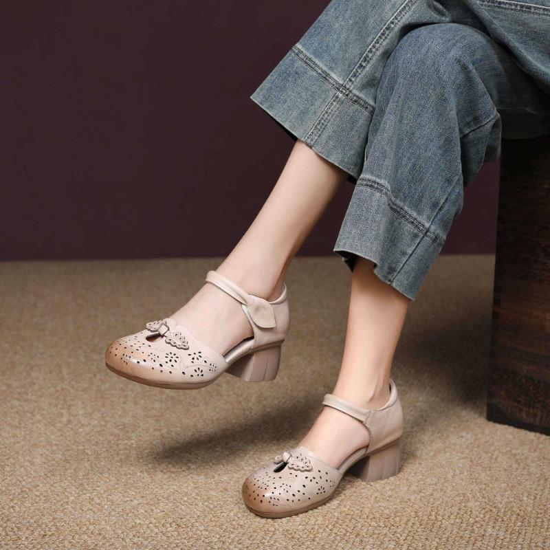 National retro style Baotou Baotou sandals new summer first-layer cowhide thick heel soft sole versatile cheongsam shoes