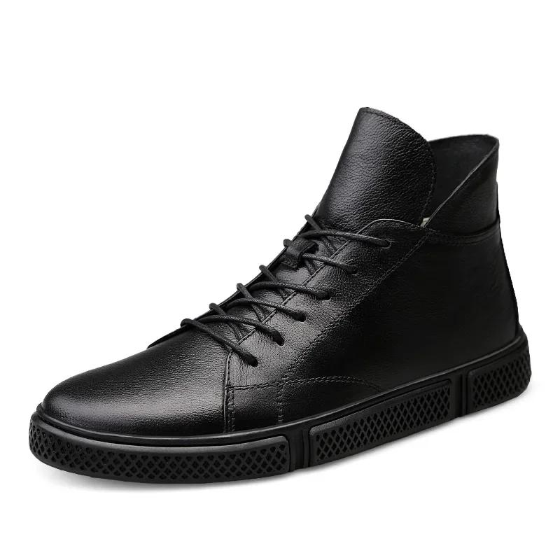 

High-Top Men s Casual Shoes Genuine Leather Loafers Business Daily Leisure Soft High Elastic Bottom Footwear Winter Velvet Warm 37