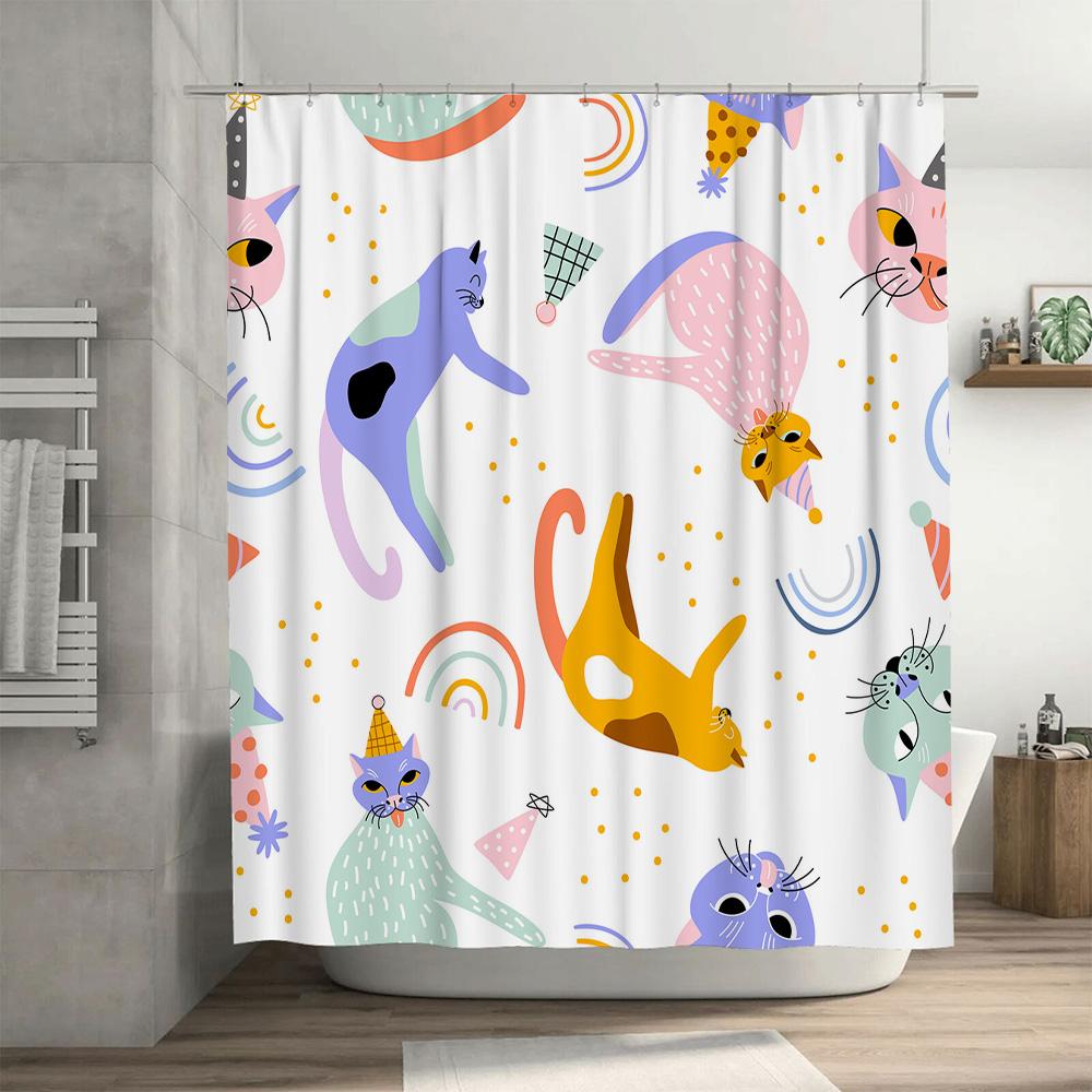 Cute Cartoon Cats Shower Curtain Bathroom Decor Washable Waterproof Print Home Supplies Modern Design Decoration Artistic Colorf
