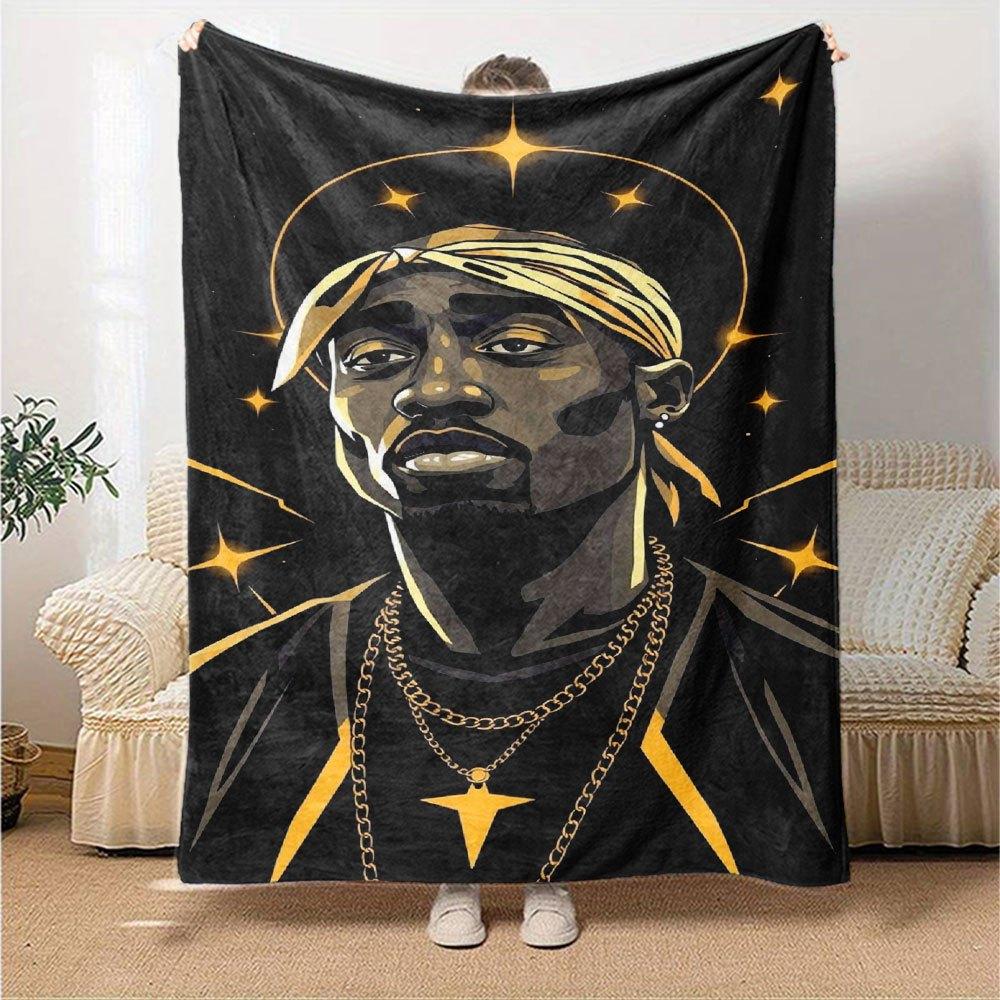 1pc 2PacHip Hop Blanket Soft Lightweight All Season Multi Purpose Throw for Sofa, Bed, Office & Picnics, French Style with Iconic Album Art & Quotes