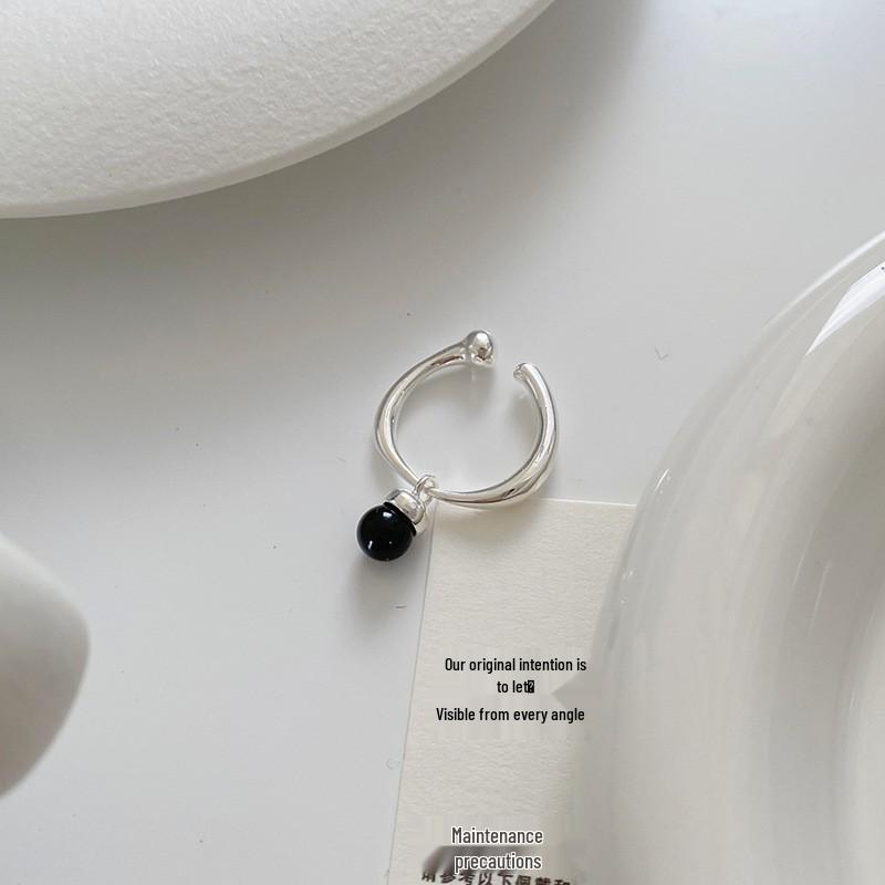 Trendy Adjustable Black Bead Ring for Women – Stylish Open Design for Index Finger Open Adjustable