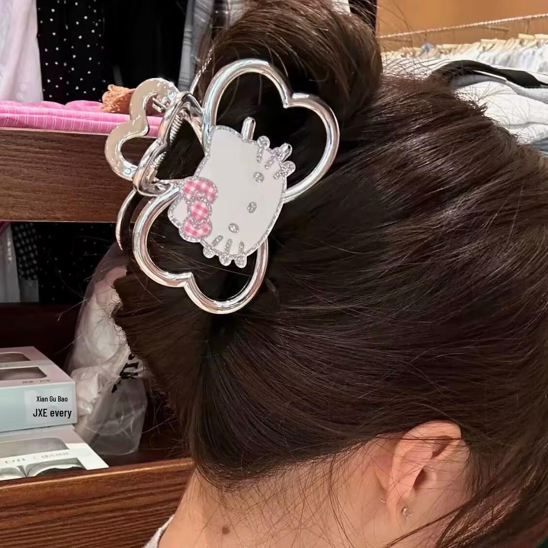 KT Sparkling Girly Cat Silver Bow Claw Clip - Double-Sided Bun Holder.