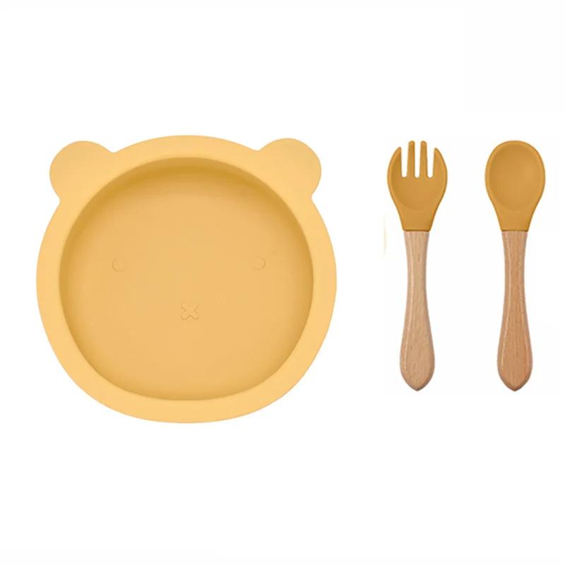 3Pcs/Set Baby Silicone Ventosa Tigela Colher Garfo Conjunto BPA Livre Cabo De Madeira Garfo Colher Alimentação Infantil Antiderrapante Conjunto De Talheres
