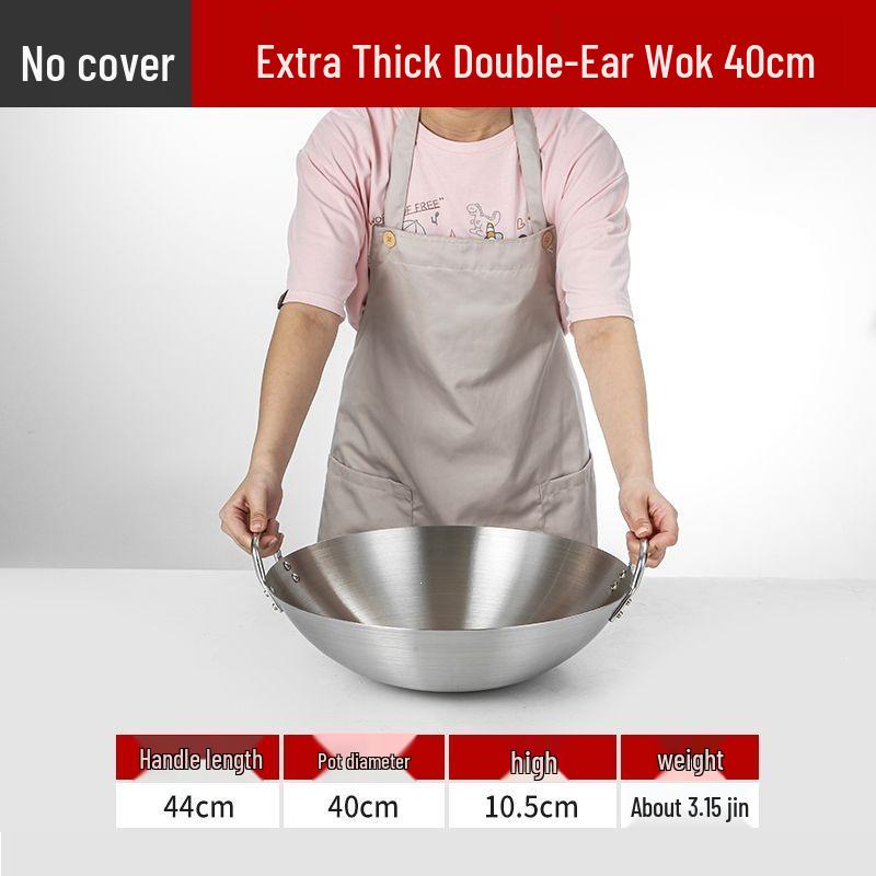 Extra Thick Stainless Steel Double Ear Wok - Large Round Bottom Pot for Commercial Kitchens, Gas Stove Compatible