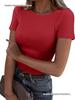 Women's Summer Ribbed Short Sleeve Stretchy Slim Fit Round Neck T-shirt