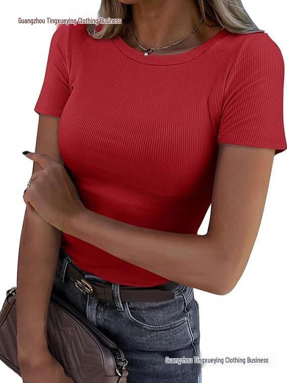 Women's Summer Ribbed Short Sleeve Stretchy Slim Fit Round Neck T-shirt