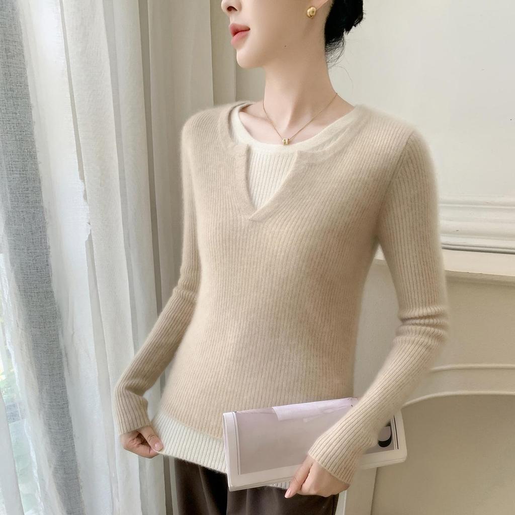 Double-Layer Striped Cashmere Knit Sweater with Mixed Neckline for Ladies