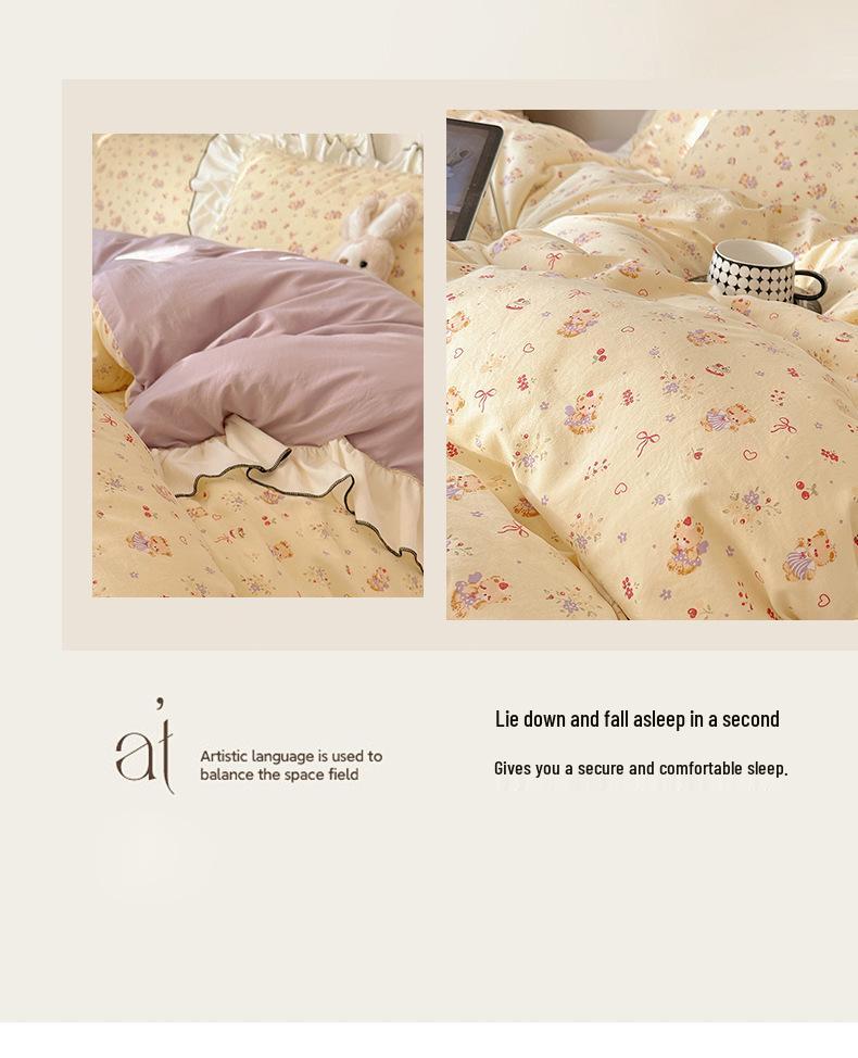 Princess-Style French Lace Bedding Set: Traditional Water-Washed Imitation Cotton Duvet Cover, Girlish Student Style, Three-Piece