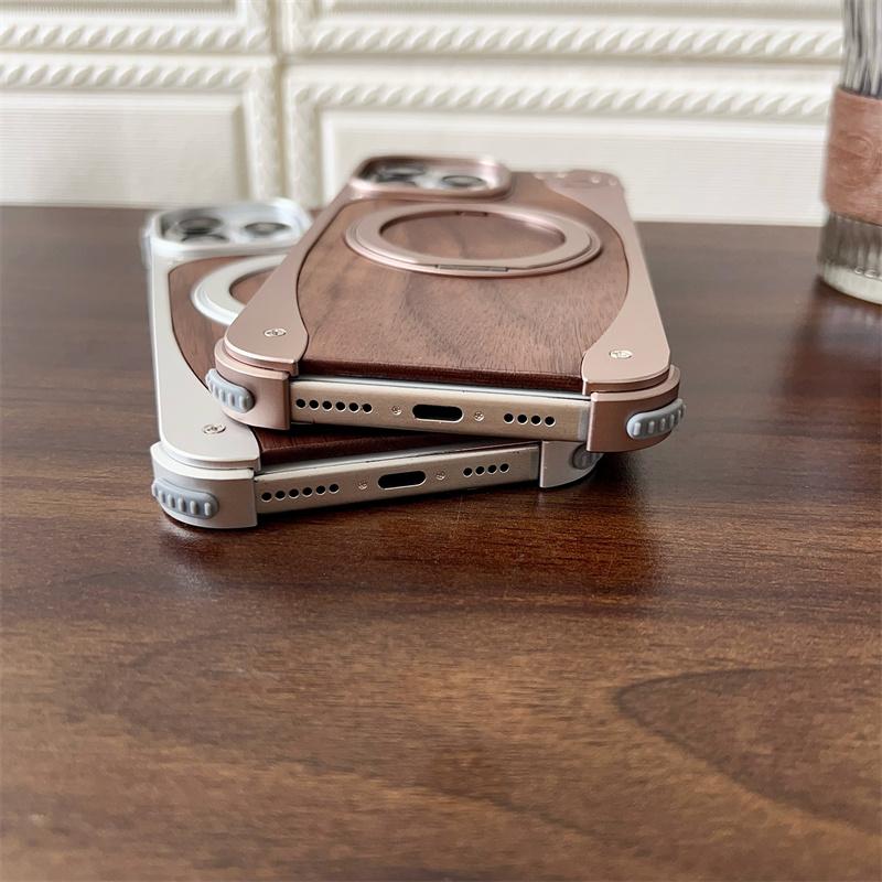 Walnut Wood Aluminum Metal Borderless Magnetic Phone Case For iPhone 15 16 Pro Max 360° Rotate Bracket Magsafe Shockproof Cover