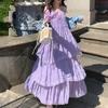 Women Sling Dress V-Neck Sleeveless Multi Layer Lace Splicing Design Maxi Dress Solid Color