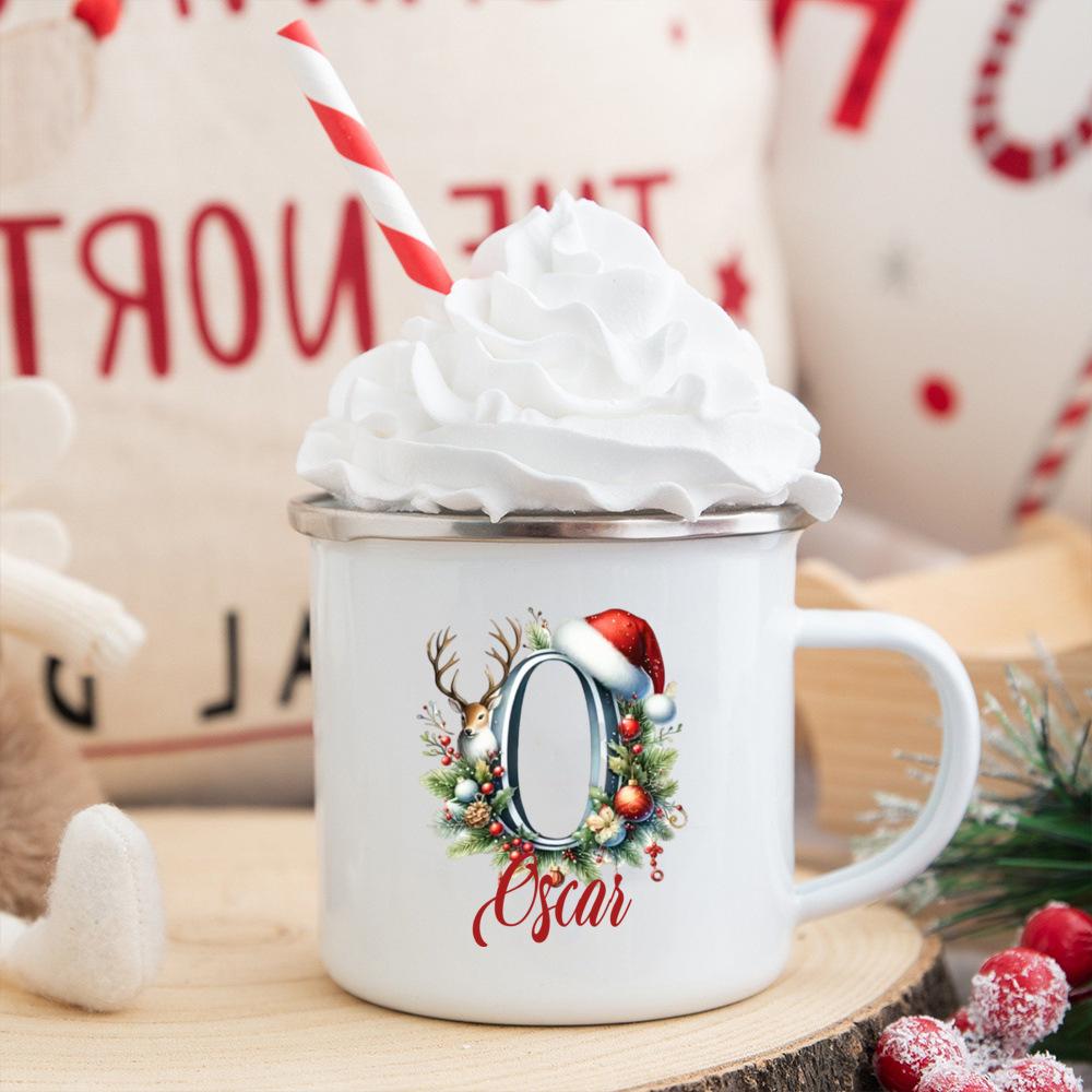 Personalisierte Tasse mit individuellem Namen 26 Buchstaben Emaille Weihnachtsbecher, Geschenk für sie, Weihnachts-Kaffeetasse, Frohe Weihnachten Geschenk