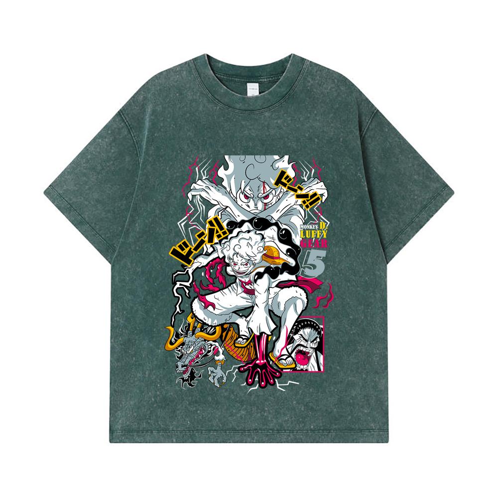 275 GSM Washed T-shirts 100% Cotton One Piece V23 Luffy Gear Print Unisex Heavy Cotton T Shirt