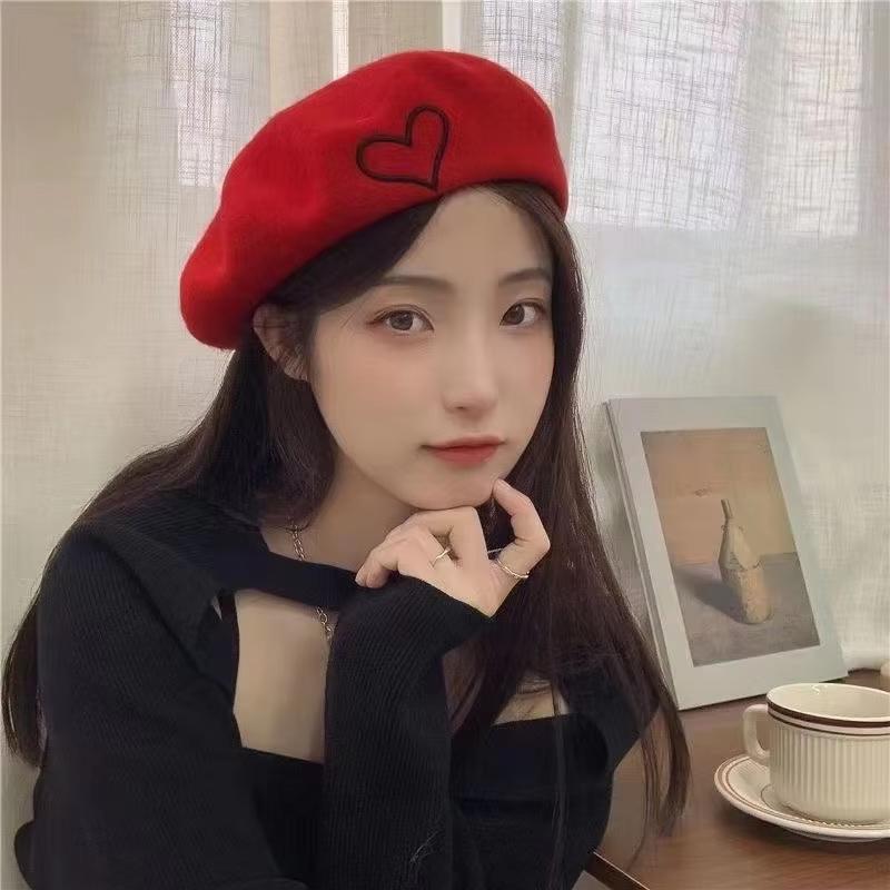 Winter Wool Beret Hat for Women Lady Love Heart Embroidery Warm Pumpkin Hats Ins Korean Girl Y2K Artist Painter Octagonal Caps