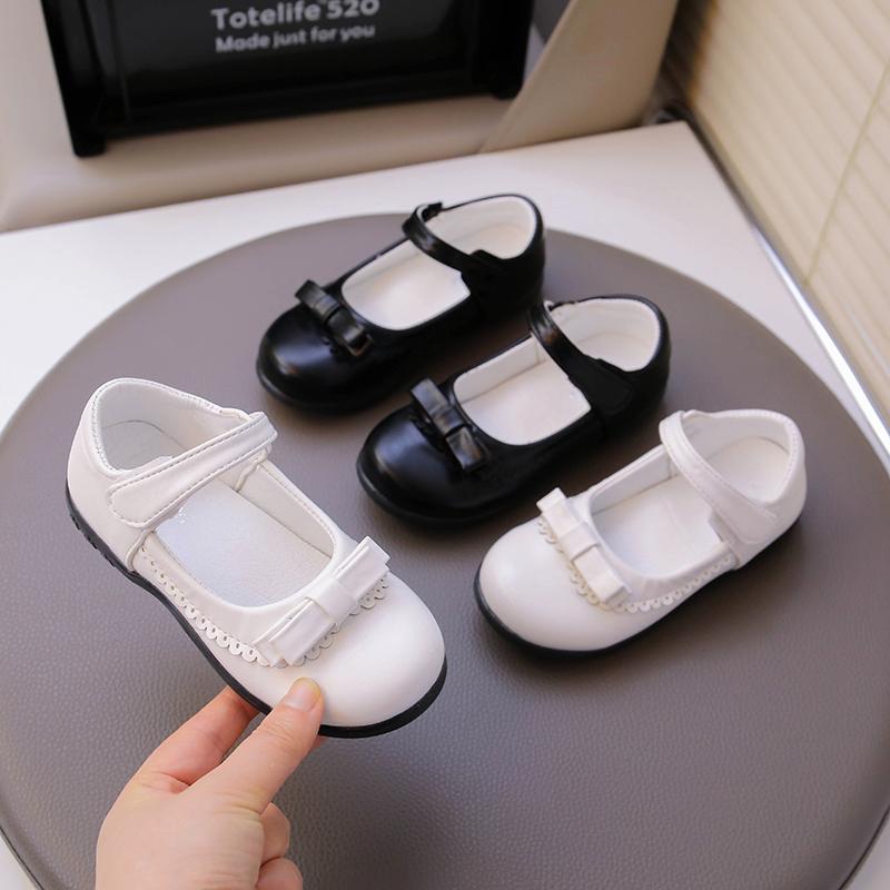 Girls School Shoes Black White Matte Kids Princess Shoes with Simple Bow 2025 New Children Flat Shoes Round Toes Soild Color