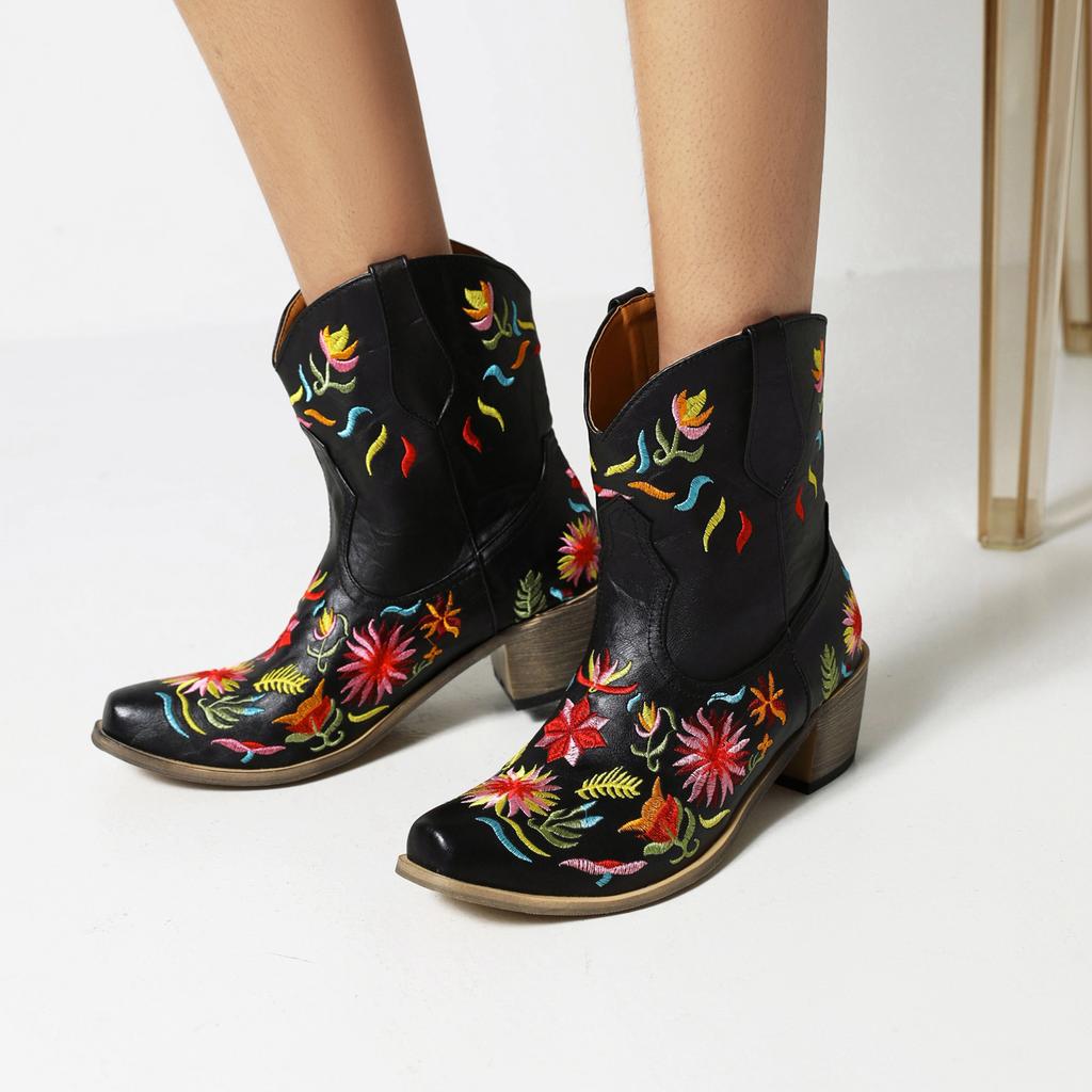 Women's Short Boots With Embroidered Flowers Pointed Toe And Thick Heels Oversized Western Boots With Plush Floral Inner Lining